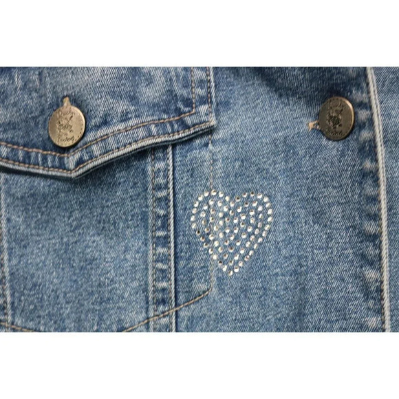 Quaker Factory Blue Denim Jean Jacket-Size Large-Rhinestone Hearts - Picture 4 of 10